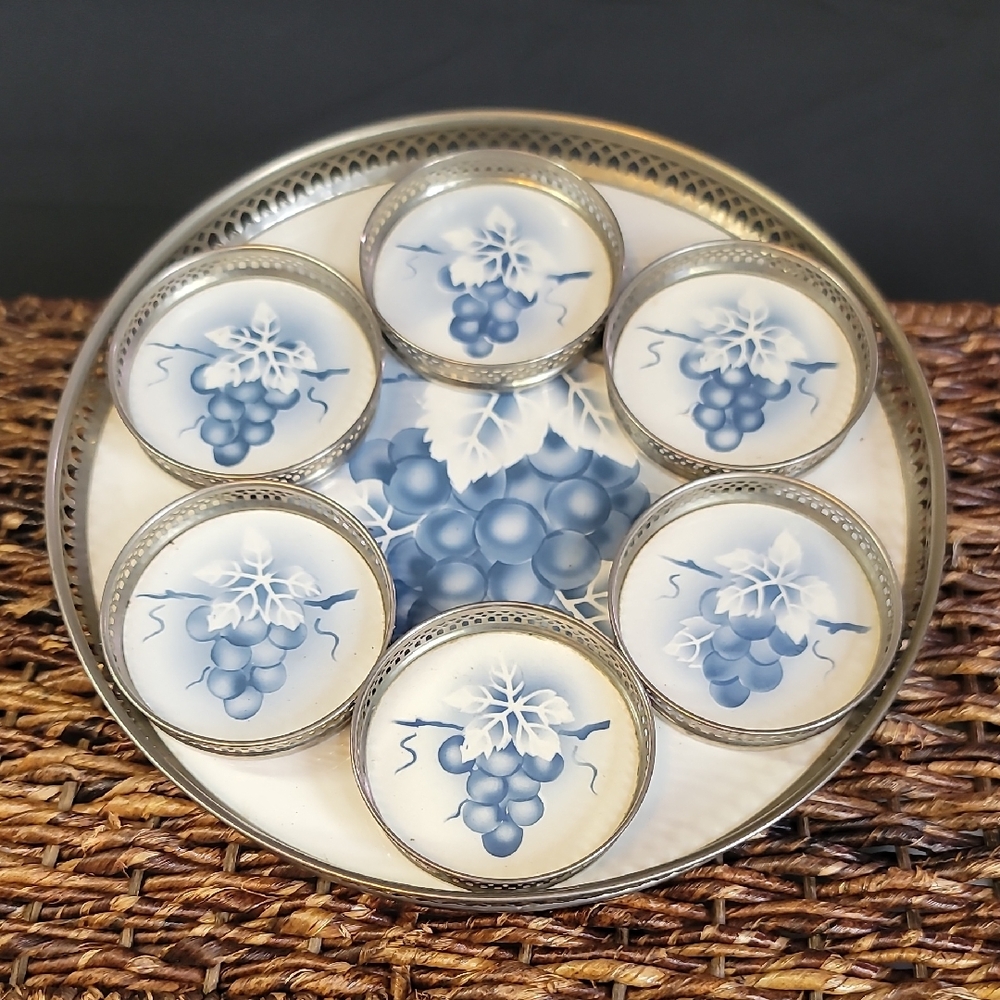 VTG 1914 STERNAUWARE Coaster and Tray Set Made in Germany, Blue and White Grapes